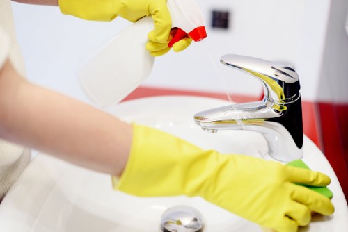 Technician performing professional sofa upholstery cleaning